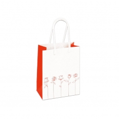 Matt white and red paper carrier bag with red roses, 11.4 x 6.4 x 14.6 cm, 190 g