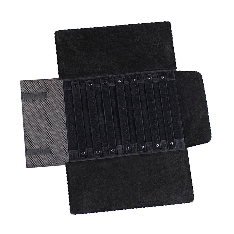 Jewellery roll for 56 pairs of earrings in black synthetic fabric with carbon fibre finish