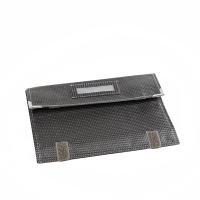 Ring/earring/necklace jewellery roll in dark grey synthetic fabric with carbon fibre finish