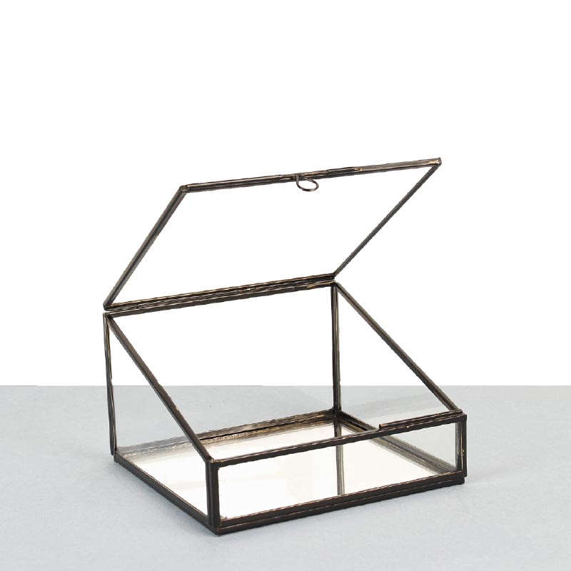 Glass and black brass square display box, inclined lid - mirror base