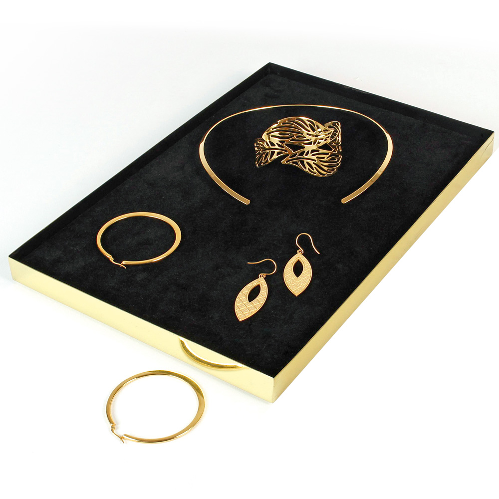 Gold mirror finish jewellery display tray with black foam insert