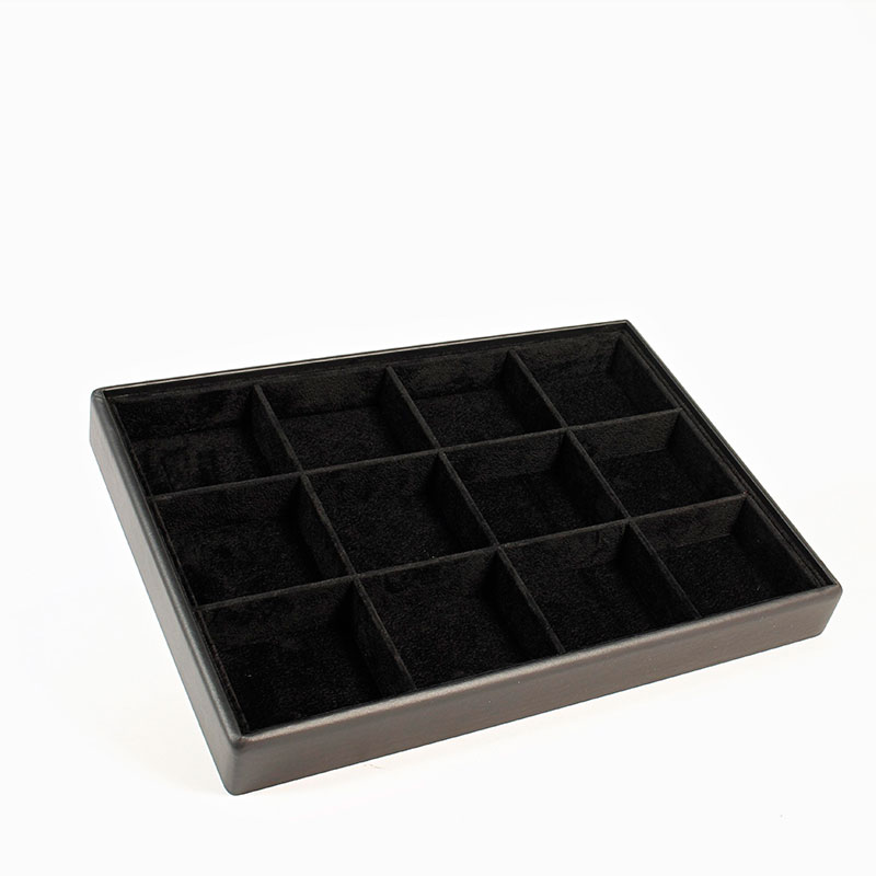 Black man-made sheathed universal display tray with 12 compartments, black suedette lining