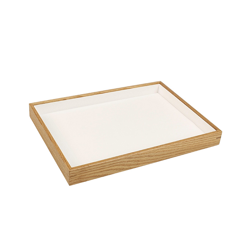 Display tray in oak wood with white synthetic cover