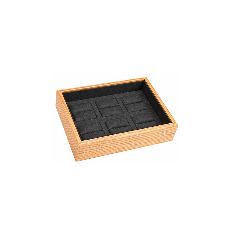 Inclined display tray in oak with black linen and cotton insert - 6 rings