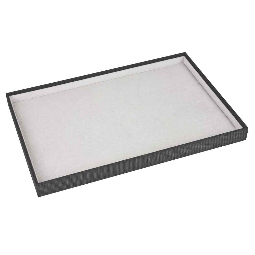 Large black display tray with grey suedette lining