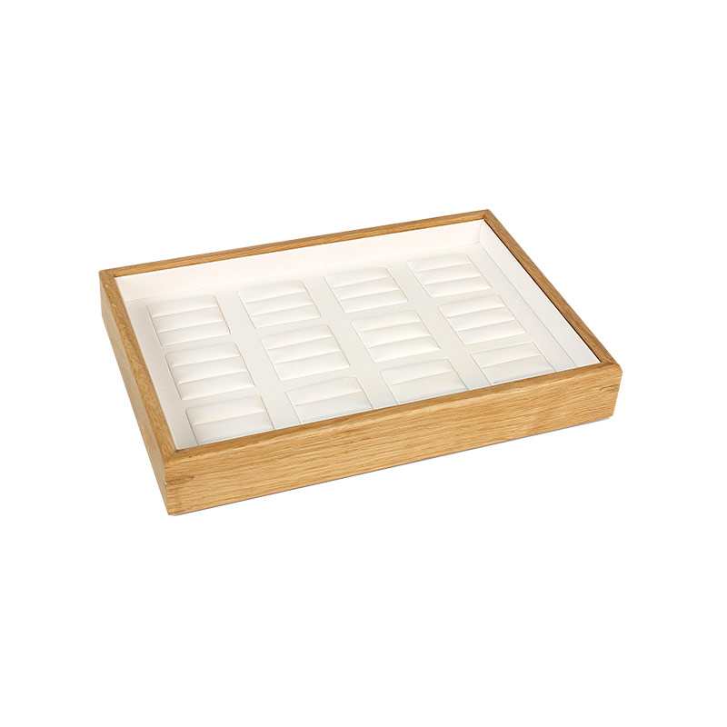 Oak display tray for 12 pairs of wedding rings with smooth man-made white leatherette interior