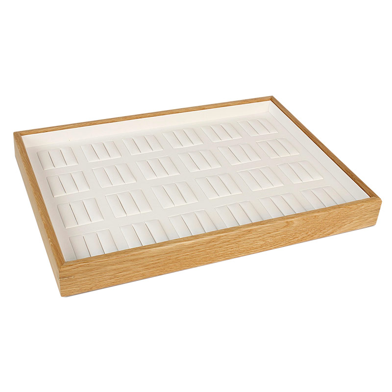 Oak display tray for 24 pairs of wedding rings with smooth man-made white leatherette interior