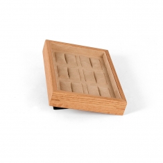 Small MDF presentation tray for 6 rings with man-made beige suedette lining