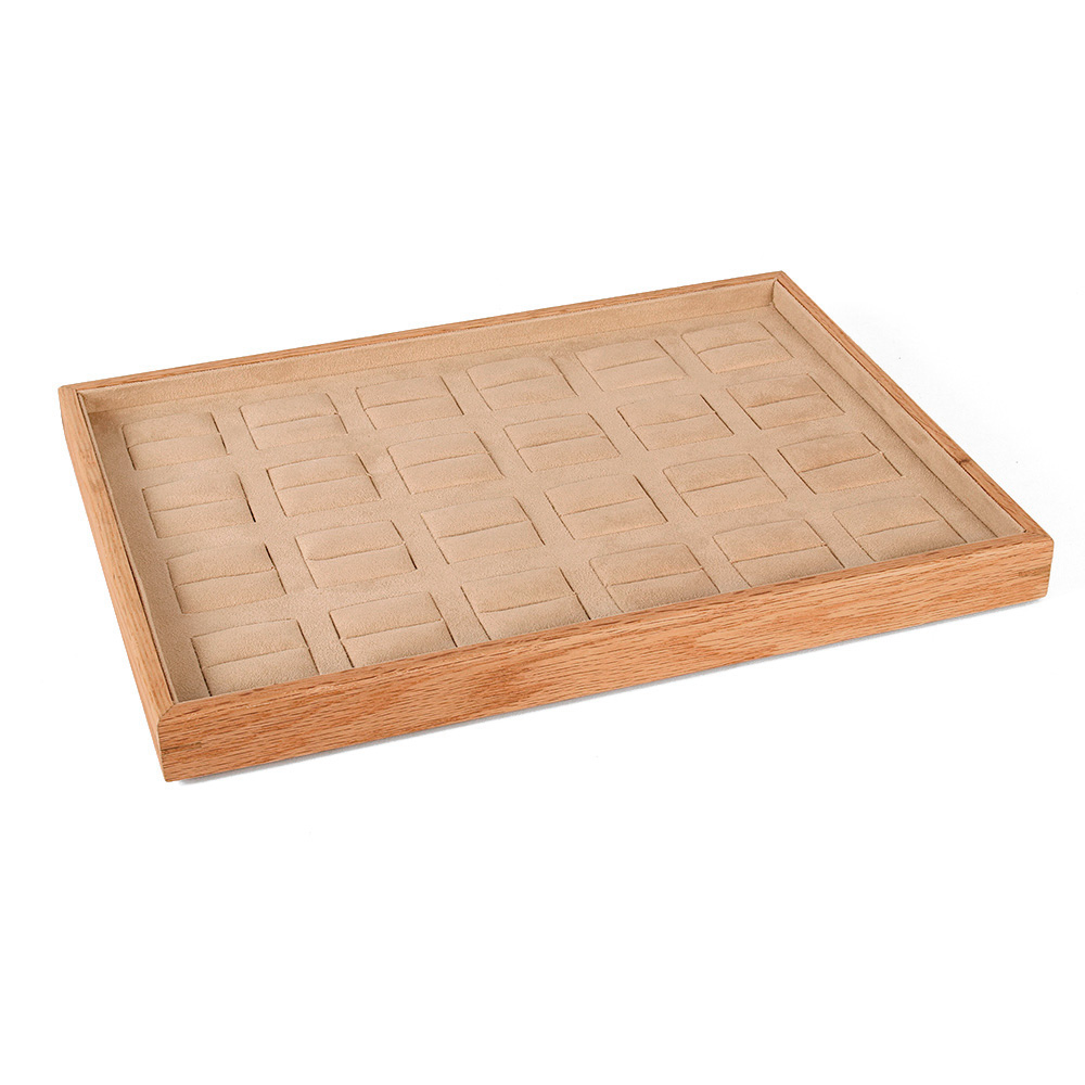 Large MDF presentation tray for 24 rings lined with beige man-made suedette