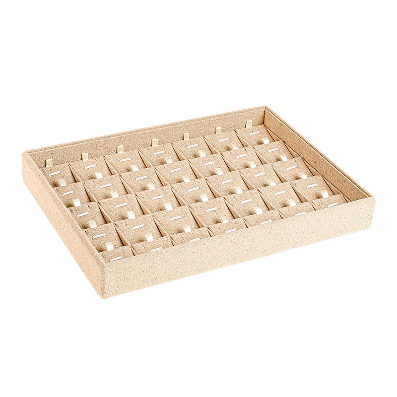 Pendant display tray covered in natural linen and cotton mix, 35 compartments