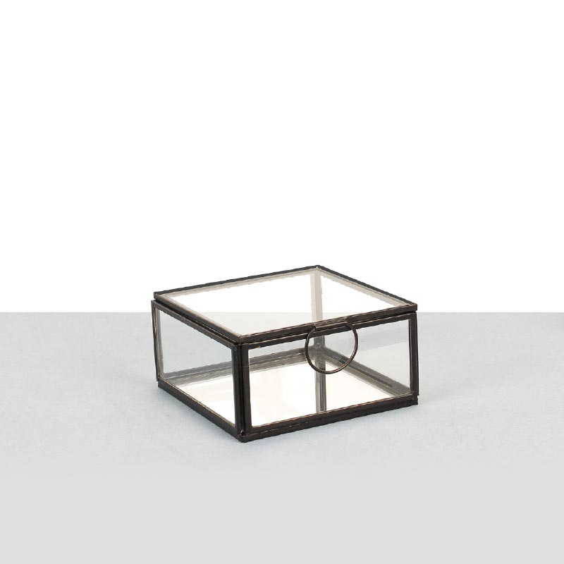 Small square black brass and glass display box with lid, mirror base