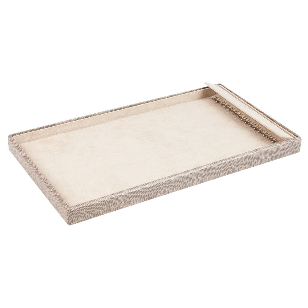 Taupe display tray for 16 chains or necklaces, exterior lizard skin finish, beige cotton lining