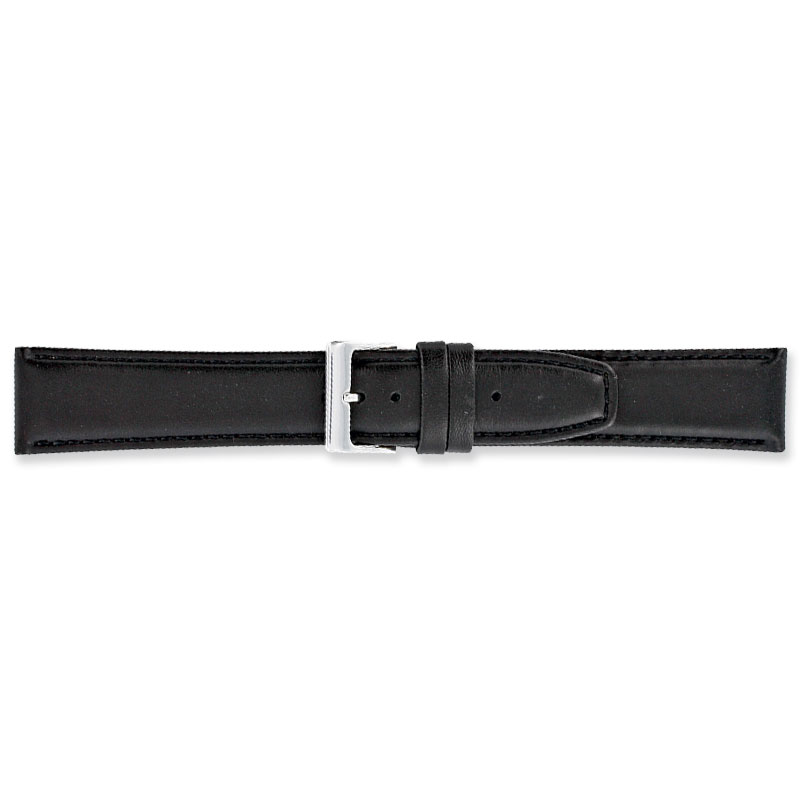 Black, extra long genuine cowhide leather watch strap, coordinated stitching and steel buckle