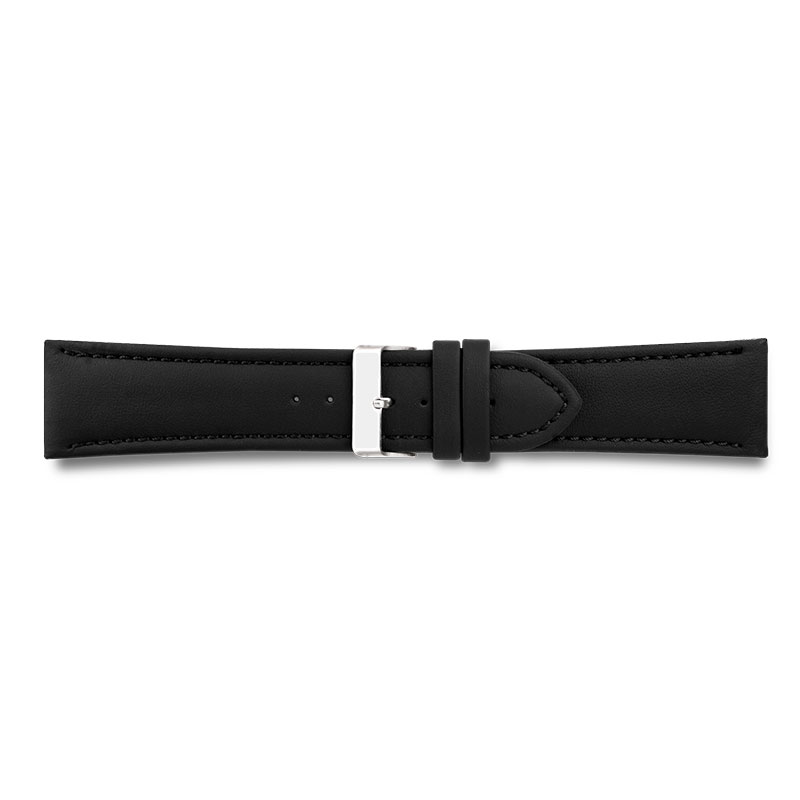 Black, padded extra wide genuine cowhide leather watch strap with steel buckle