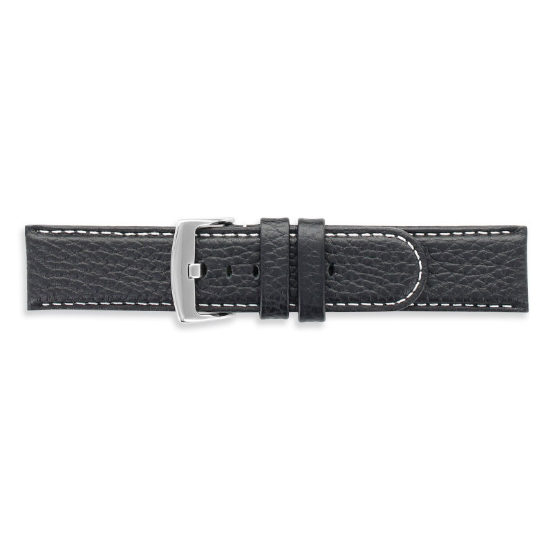 Black premium quality full grain cowhide leather padded watch strap, steel buckle