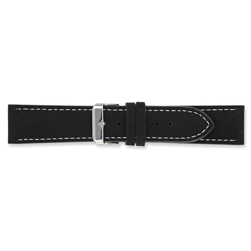 Black split leather watch strap with contrast stitching and steel buckle