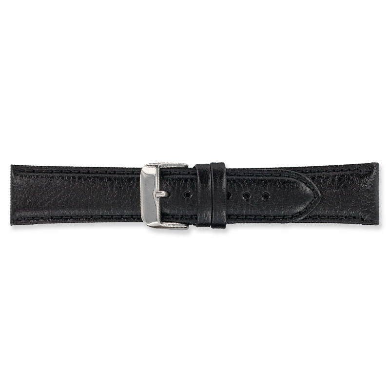 Black split leather watch strap with embossed grain finish and steel buckle