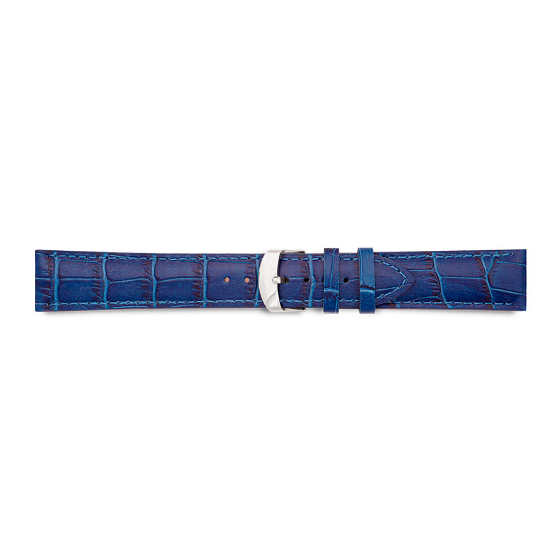 Blue full grain alligator finish, pigmented cowhide leather padded watch strap, steel buckle