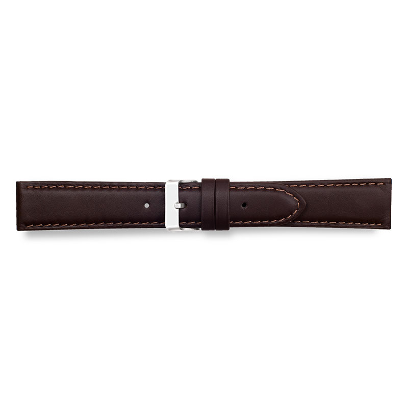 Brown corrected grain pigmented cowhide leather padded watch strap, stainless steel buckle
