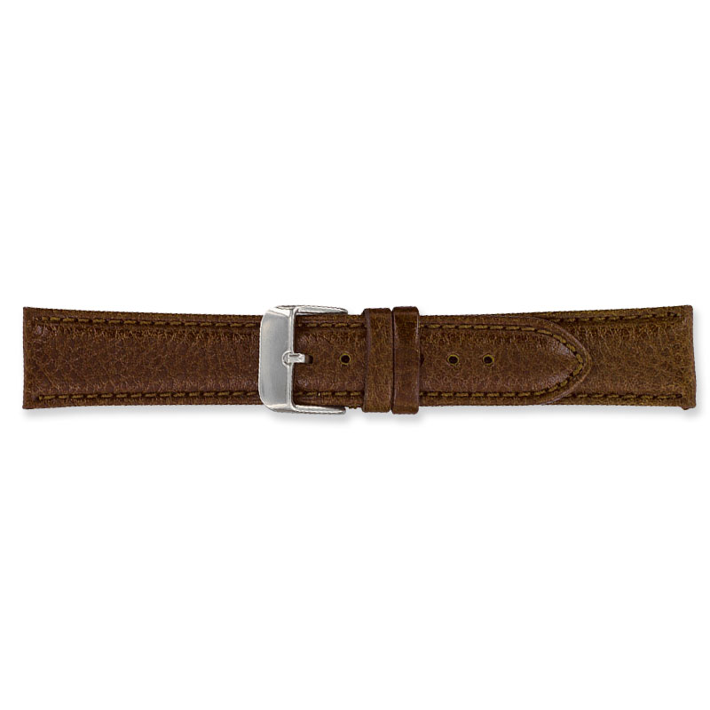 Brown split leather watch strap with embossed grain finish and steel buckle