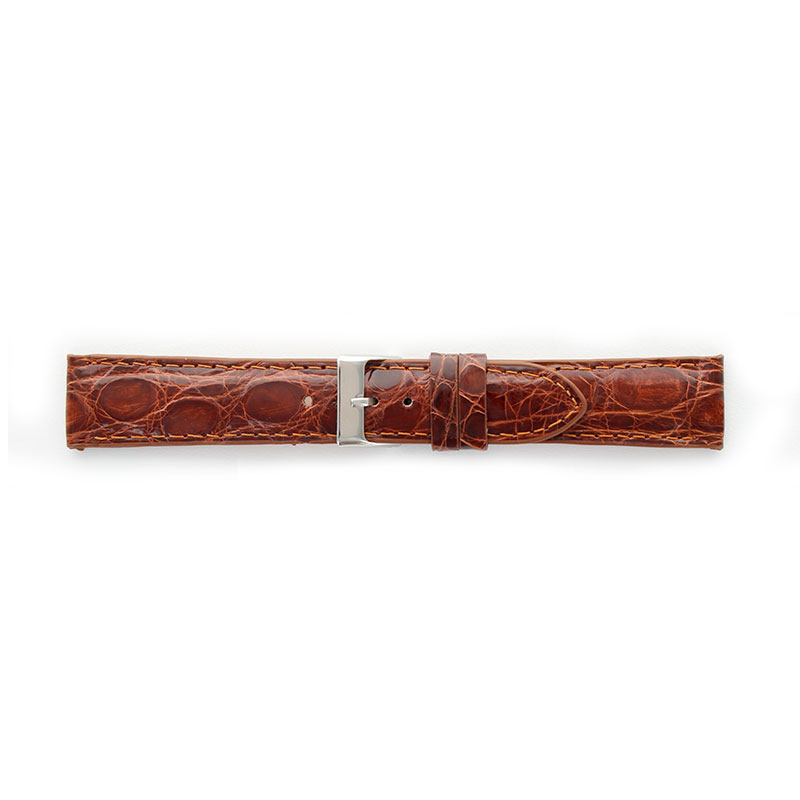 Cognac coloured genuine crocodile leather watch strap with coordinated stitching