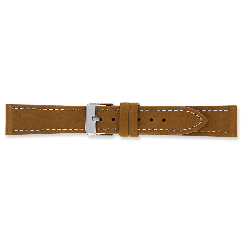 Beige, velvet finish split leather watch strap with steel buckle and contrast stitching