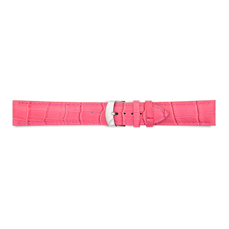 Fuchsia full grain alligator finish, pigmented cowhide leather padded watch strap, steel buckle