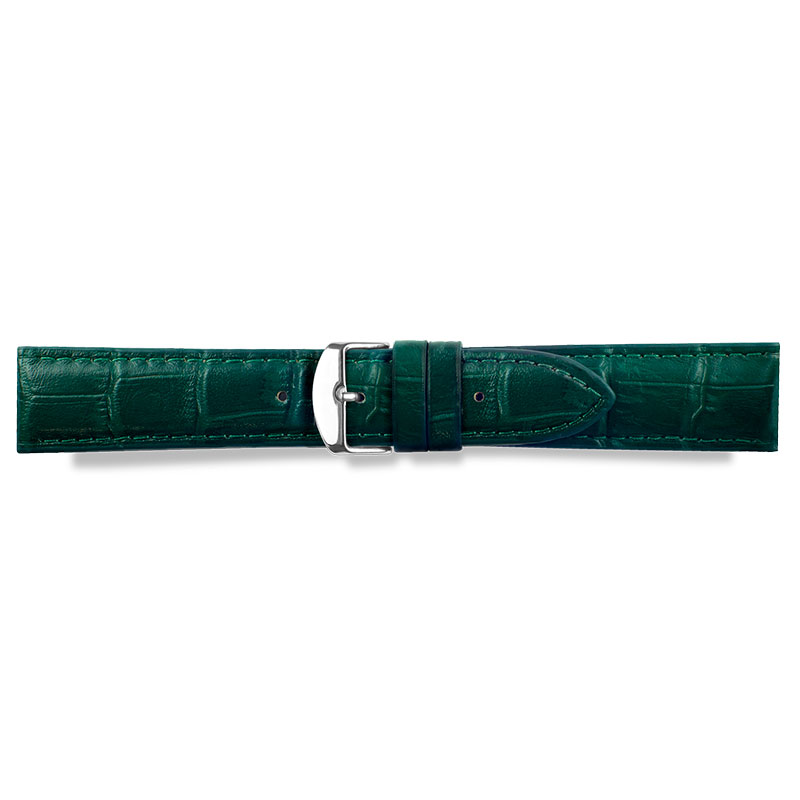 Full grain alligator finish, green pigmented cowhide leather padded watch strap, steel buckle
