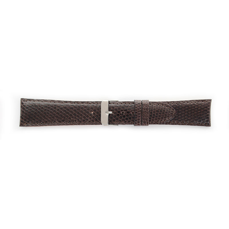 Genuine dark brown lizard skin watch strap with coordinated stitching
