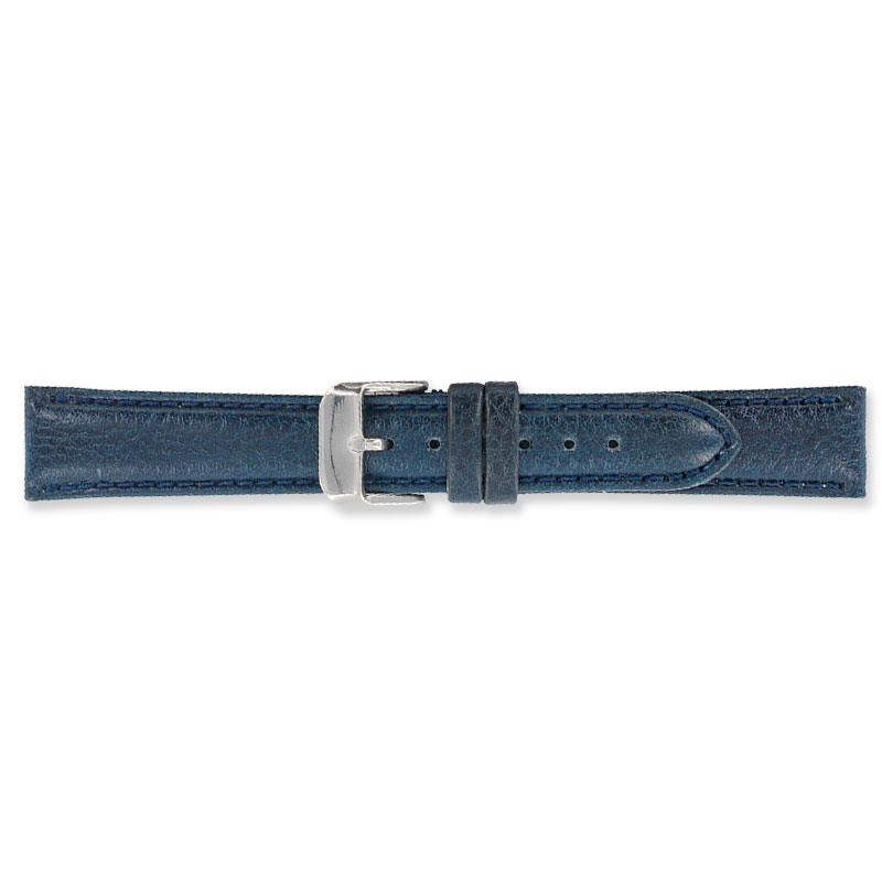 Navy blue split leather watch strap with embossed grain finish and steel buckle