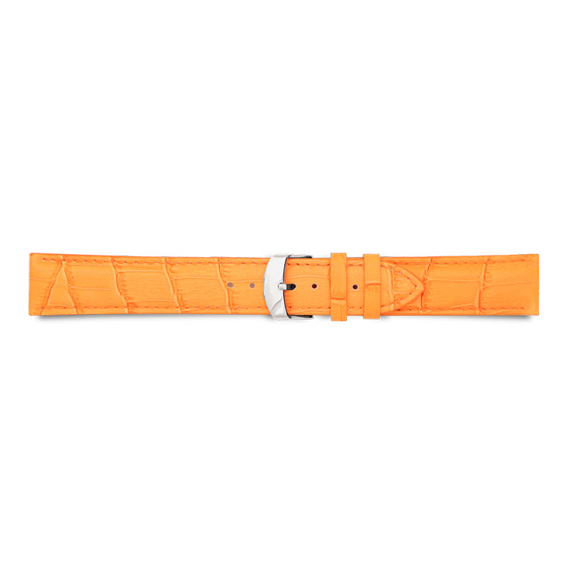 Orange full grain alligator finish, pigmented cowhide leather padded watch strap, steel buckle