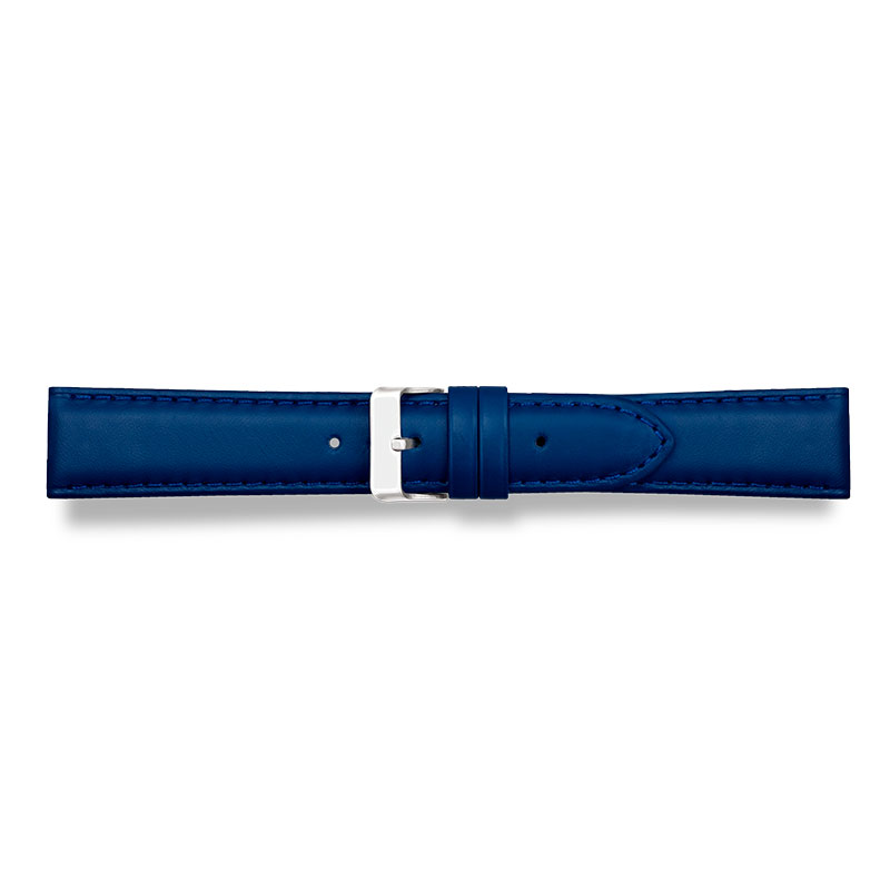 Padded blue corrected grain pigmented cowhide leather watch strap, stainless steel buckle