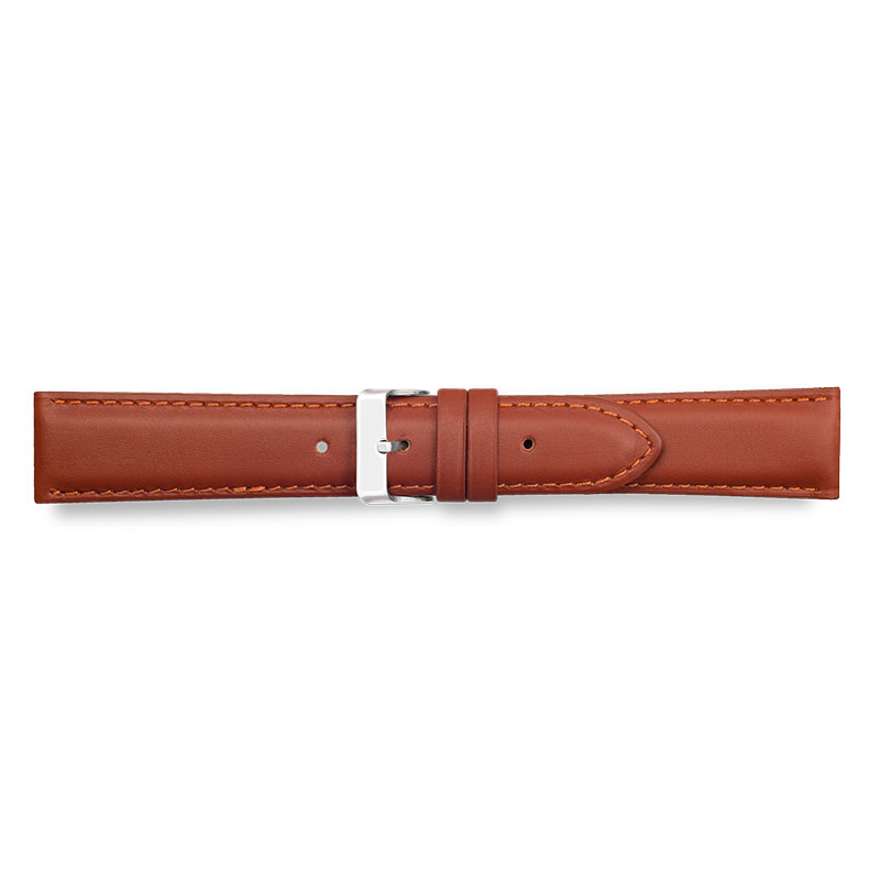 Padded cognac coloured corrected grain pigmented cowhide leather watch strap, stainless steel buckle