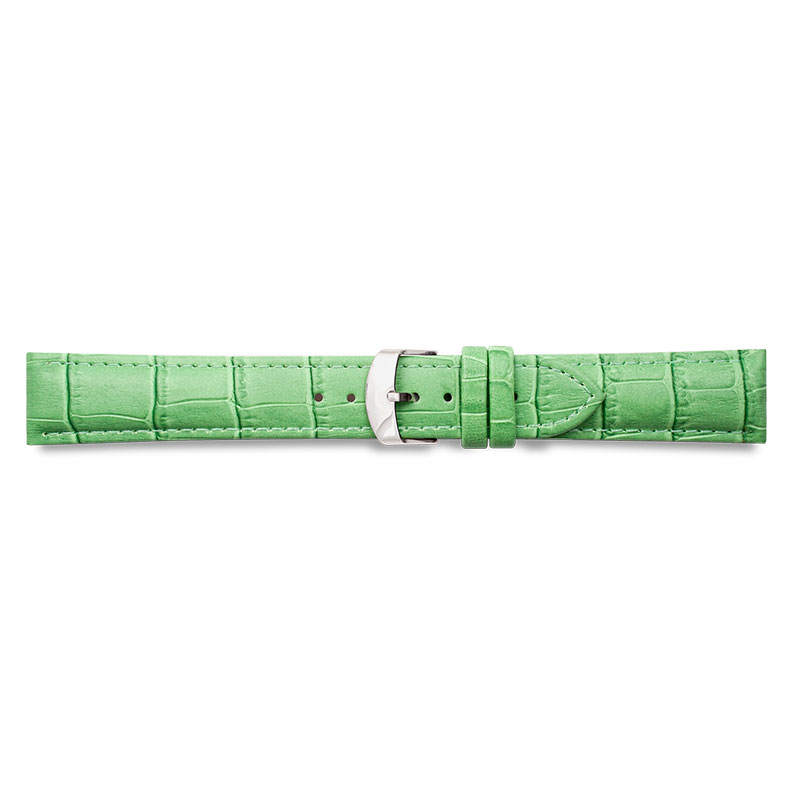 Pigmented green full grain alligator finish cowhide leather padded watch strap, steel buckle