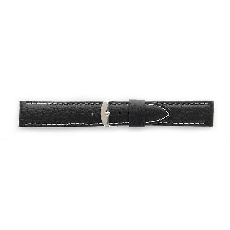 Premium quality black cowhide leather watch strap, contrast stitching, steel buckle