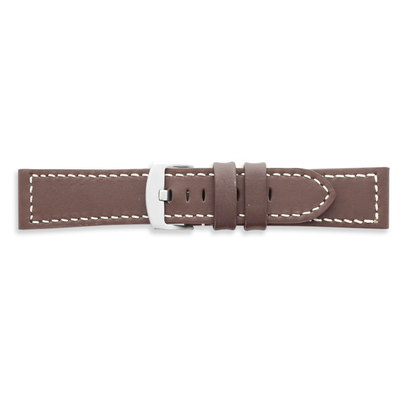 Premium quality brown cowhide leather watch strap, contrast stitching, steel buckle