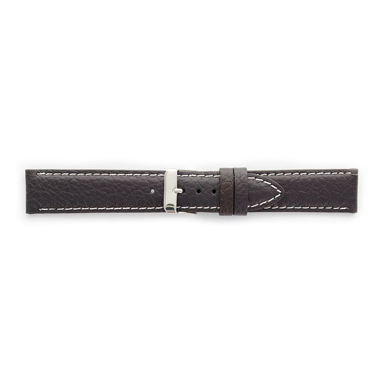 Premium quality dark brown cowhide leather watch strap, contrast stitching, steel buckle