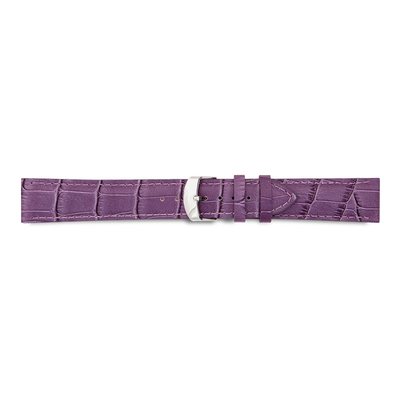 Purple full grain alligator finish, pigmented cowhide leather padded watch strap, steel buckle