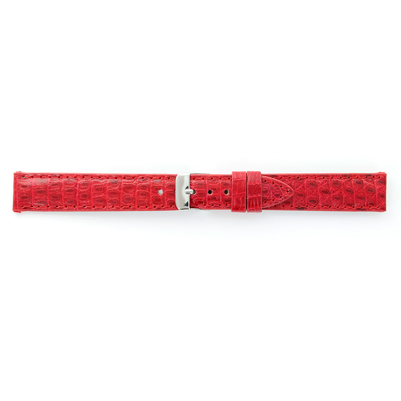 Red, genuine full grain lizard skin watch strap with coordinated stitching and steel buckle