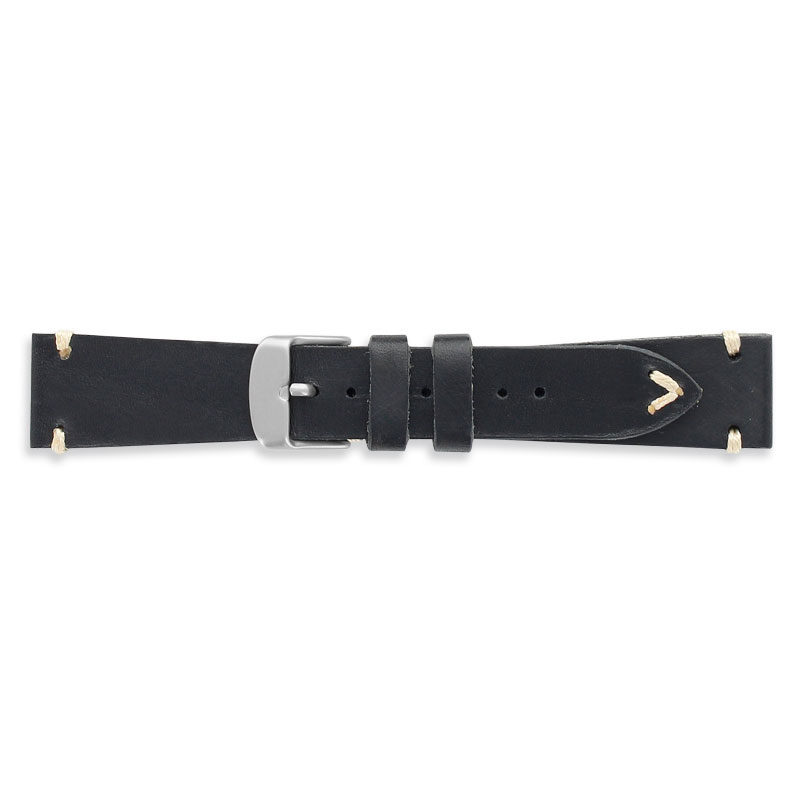 Retro black premium quality cowhide leather watch strap, seamless cut, raw edges