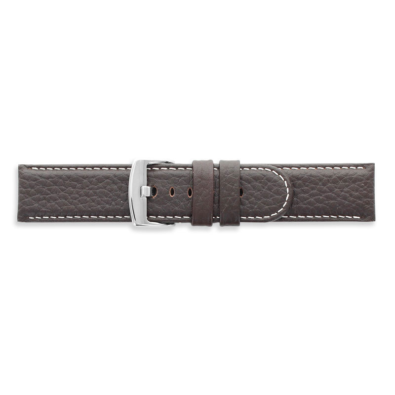Superior quality full grain cowhide leather brown watch strap, contrast stitching, steel buckle