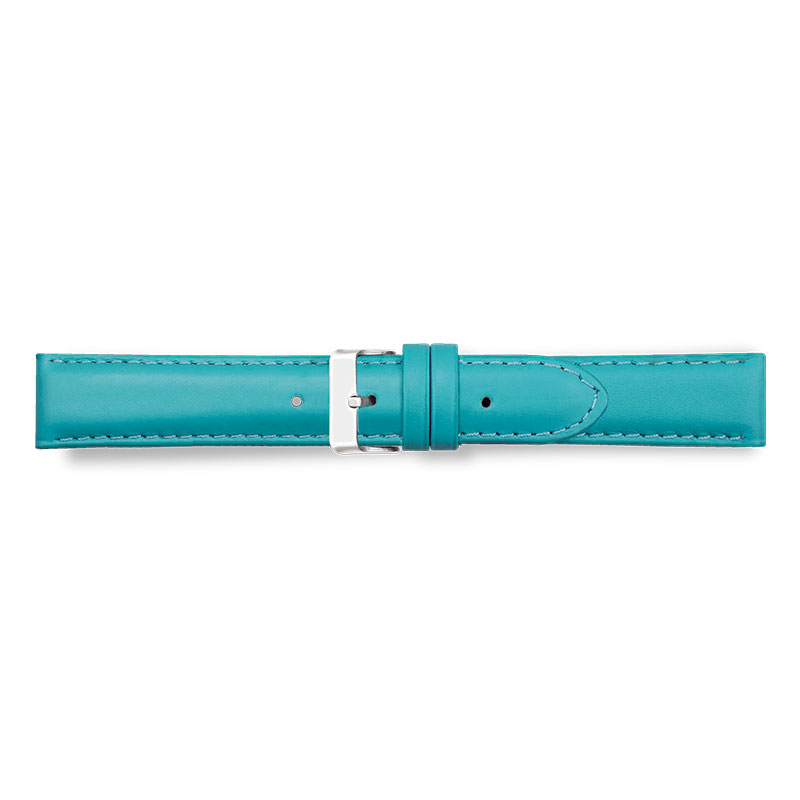 Turquoise padded corrected grain pigmented cowhide leather watch strap, stainless steel buckle