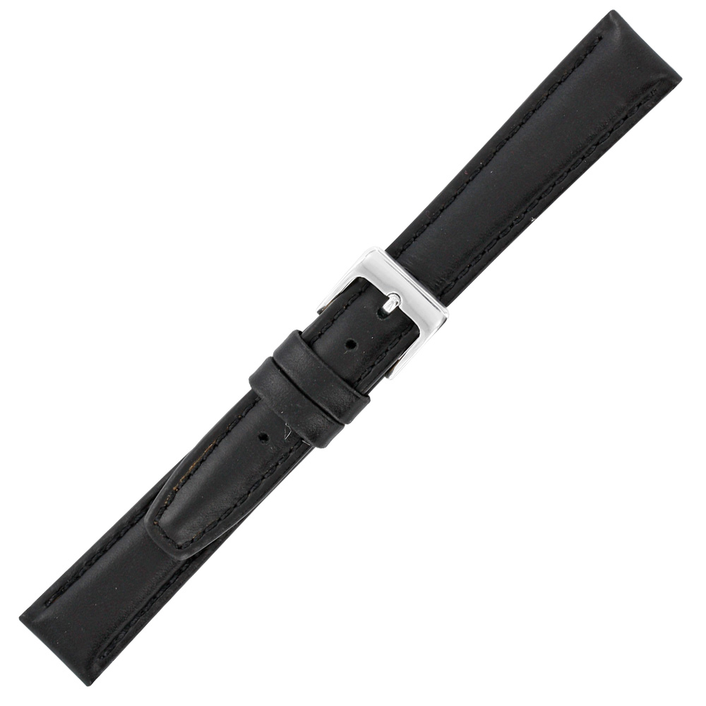 Black satin finish cowhide watch strap with split leather lining and steel buckle