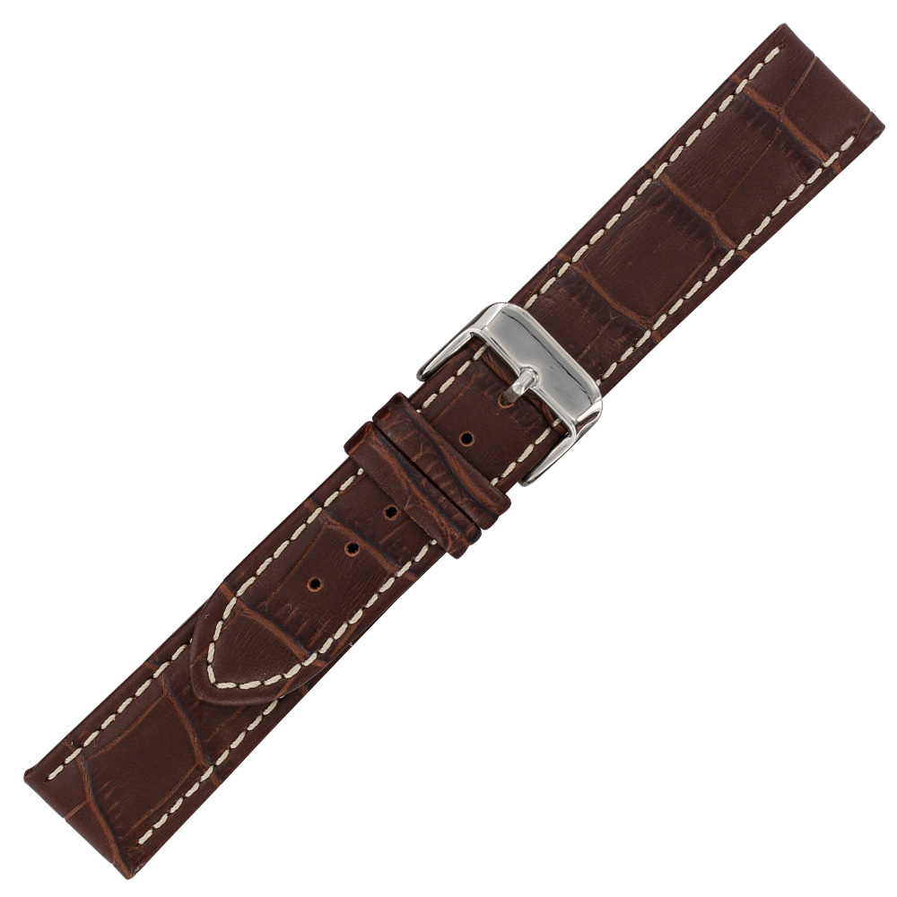 Brown, imitation crocodile split leather watch strap with contrasting top stitching and steel buckl