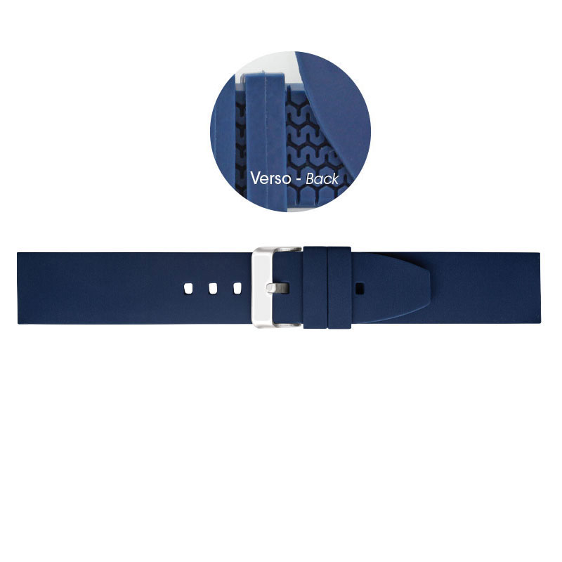 Blue thermoplastic polyurethane watch strap with tyre tread underside, steel buckle