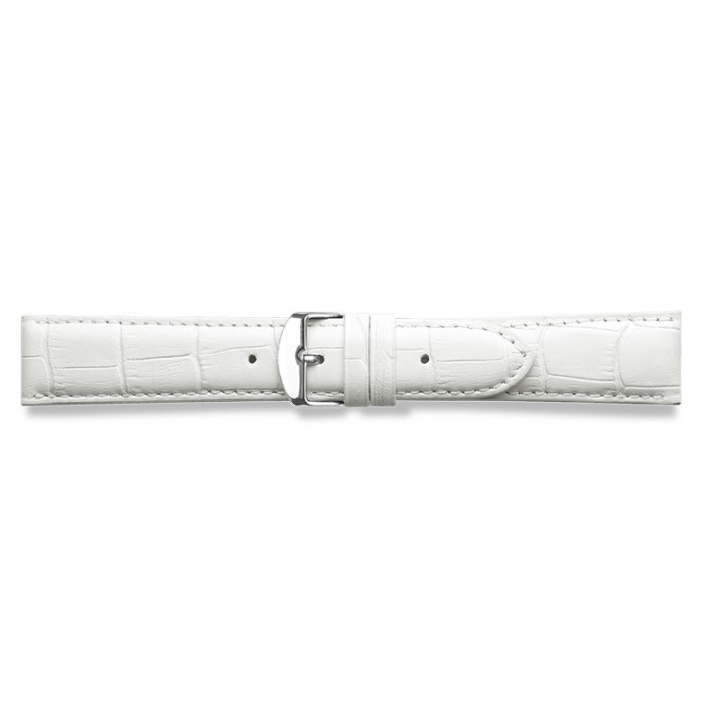 White full grain alligator finish, pigmented cowhide leather padded watch strap, steel buckle