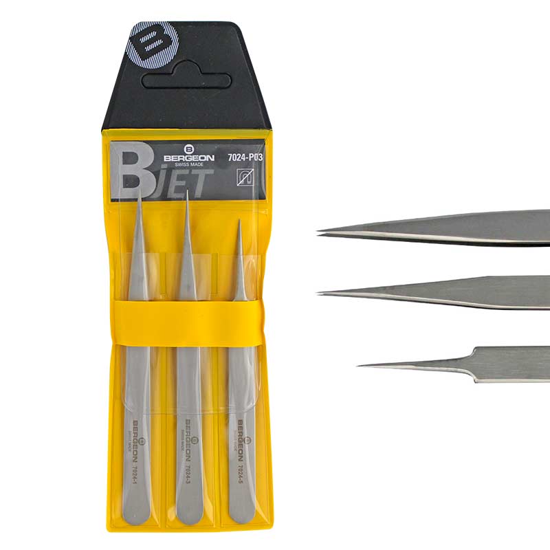 Set of 3 assorted B-JET tweezers 1, 3, 5  in anti-magnetic steel