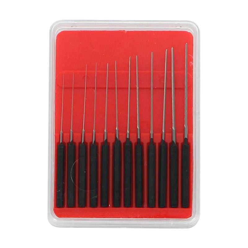 Set of 12 extra fine cutting broaches with plastic handles