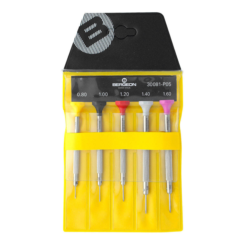 5 assorted Bergeon watchmaker's stainless steel screwdrivers with self-lubricating POM swivel heads