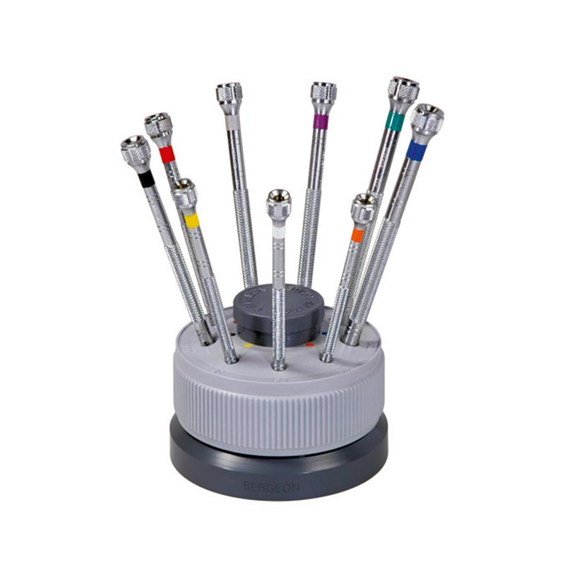 Set of 9 Bergeon chrome plated screwdrivers on rotating stand, ø 0.50 to 2.50 mm